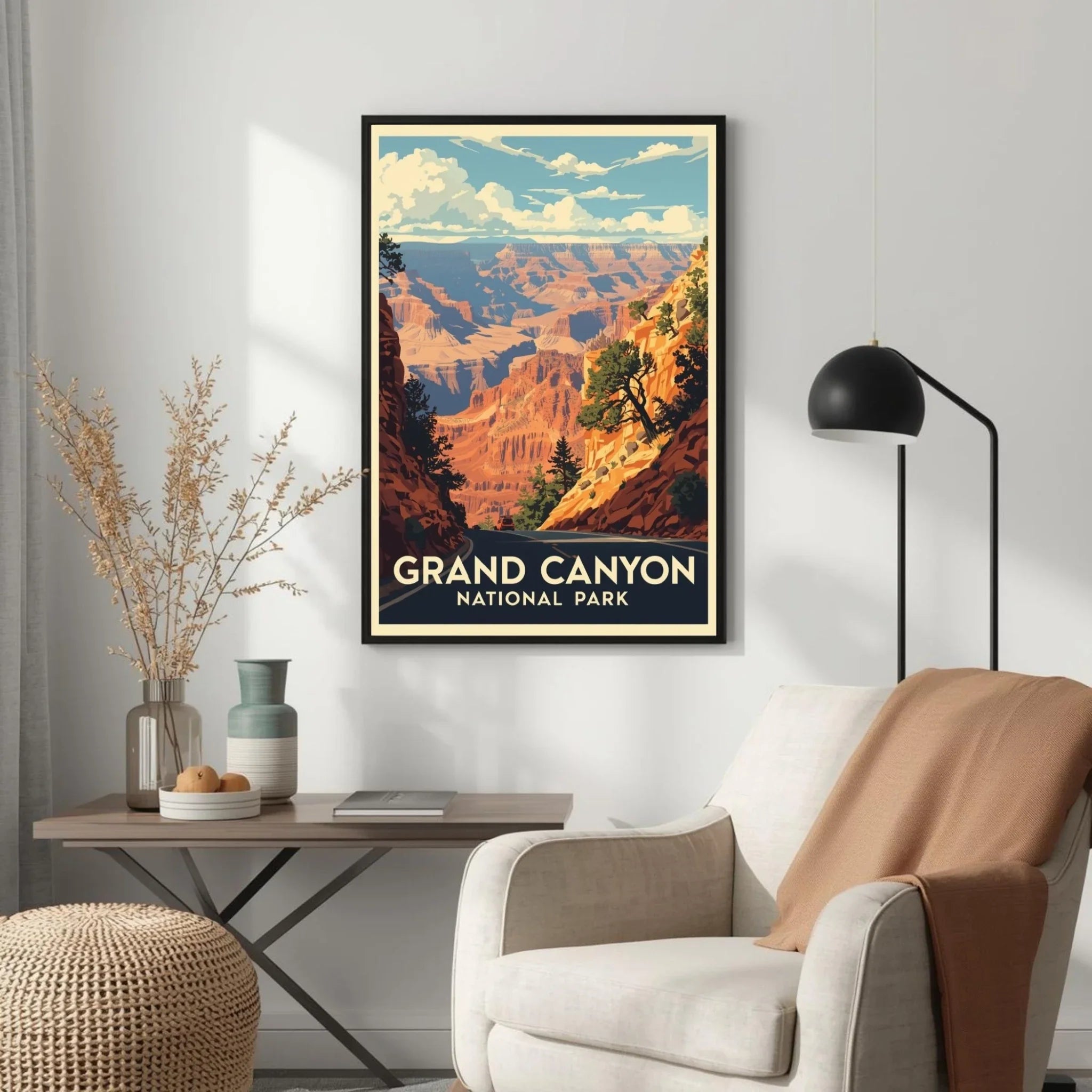 Framed poster of Grand Canyon National Park in a living room setting.