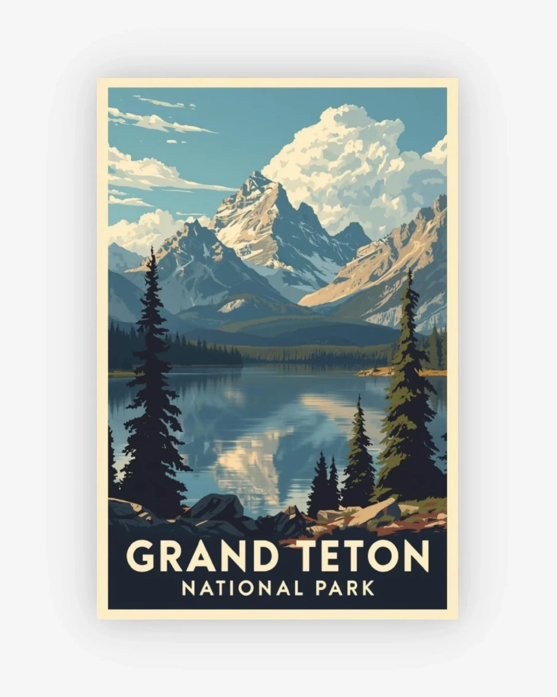 Poster of Grand Teton National Park with mountains, lake, and trees.