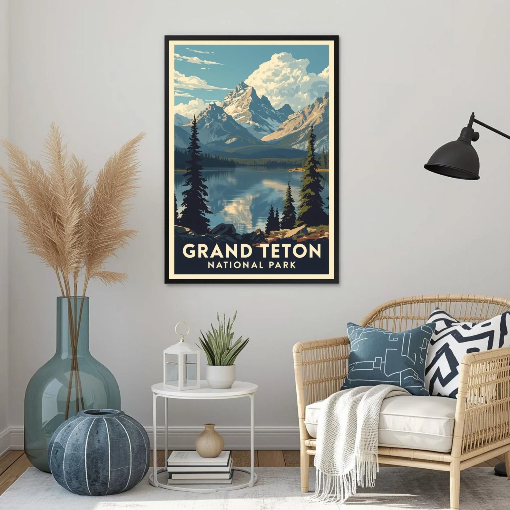 Living room with a framed poster of Grand Teton National Park, decorative plants, and a couch.