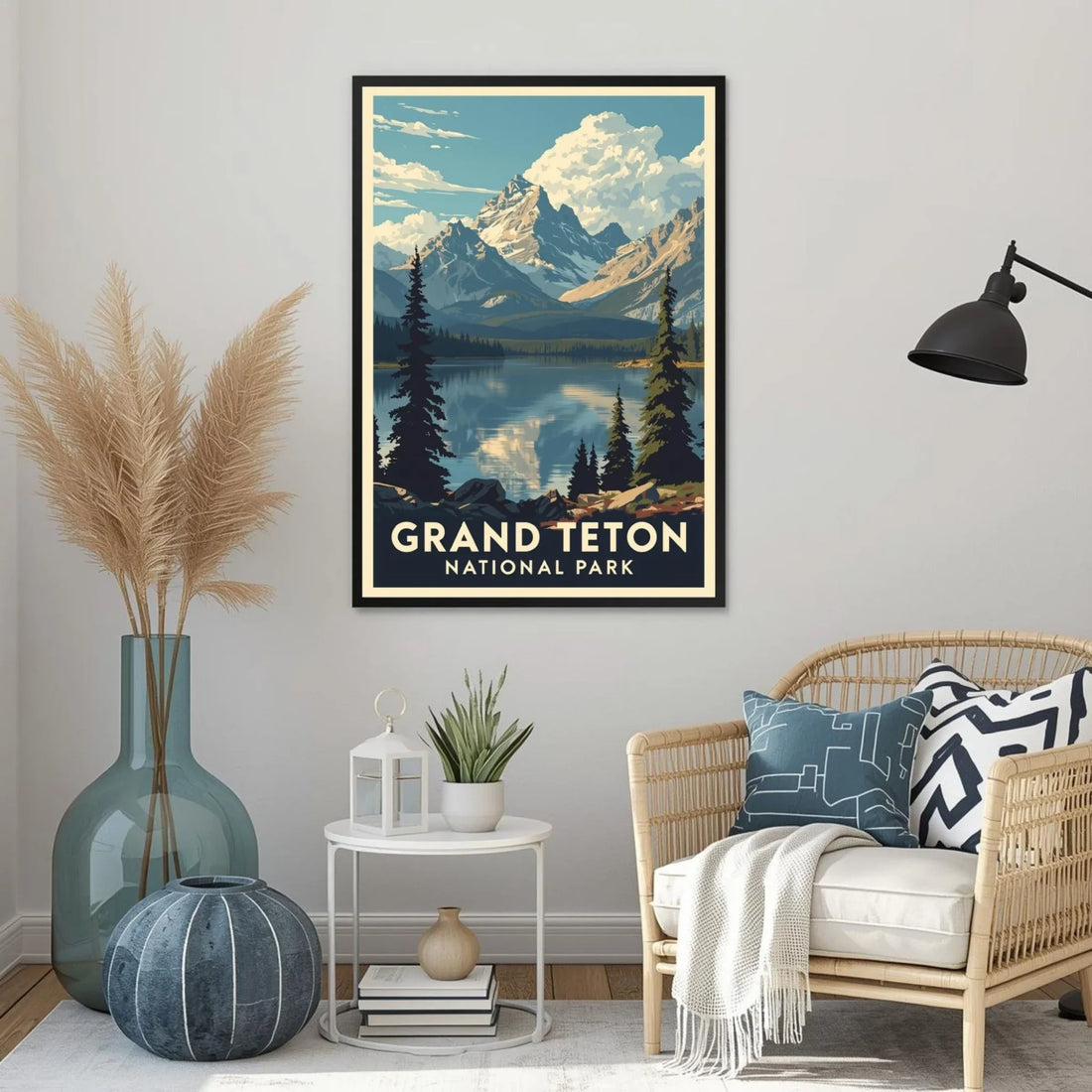 Living room with a framed poster of Grand Teton National Park, decorative plants, and a couch.
