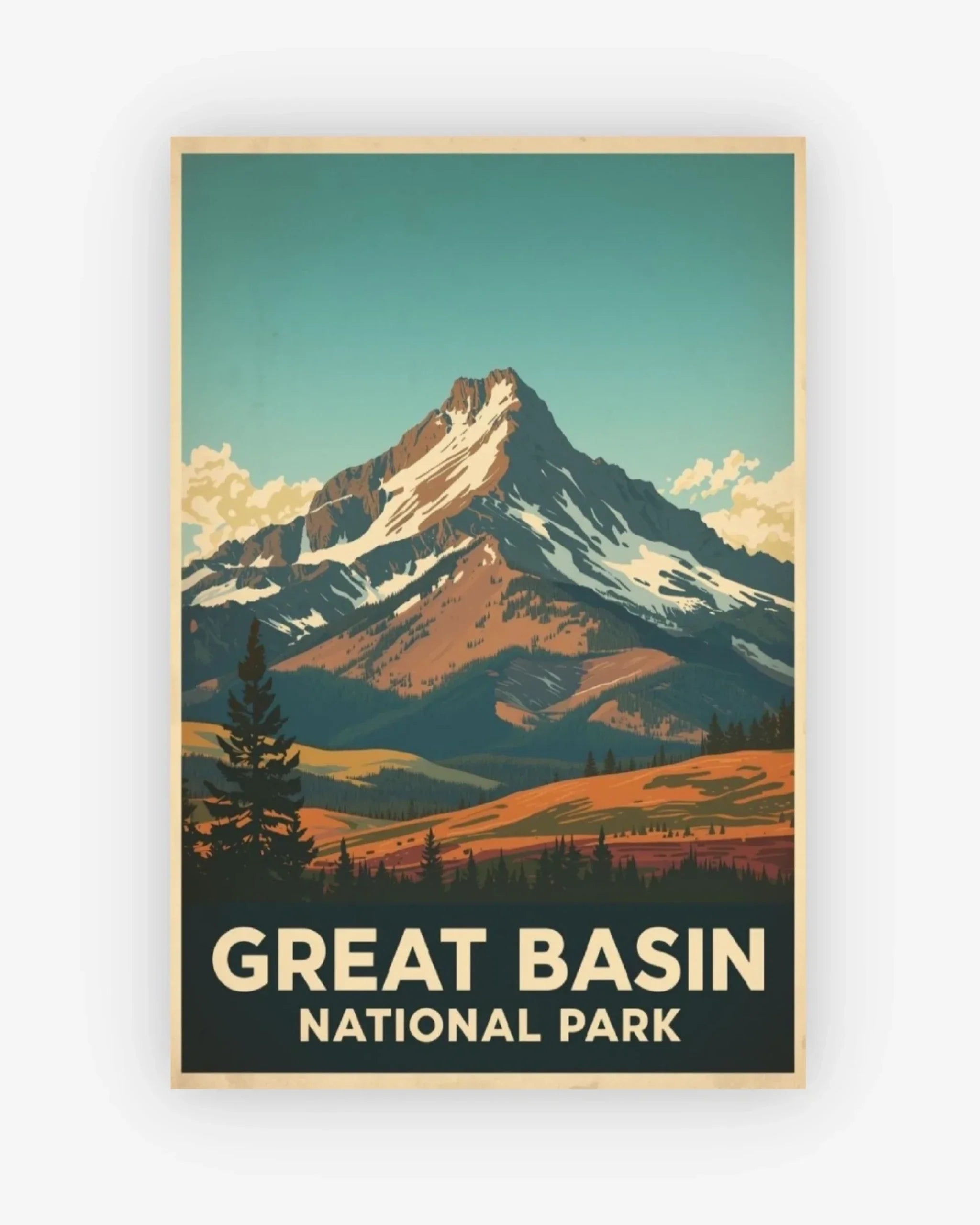Poster of Great Basin National Park with a mountain and landscape.