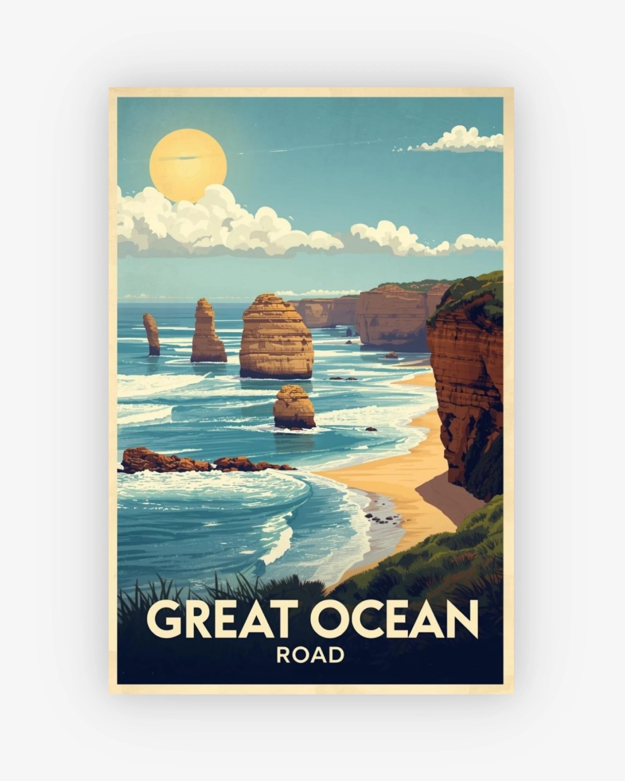 Vintage-style poster of Great Ocean Road with cliffs and ocean.