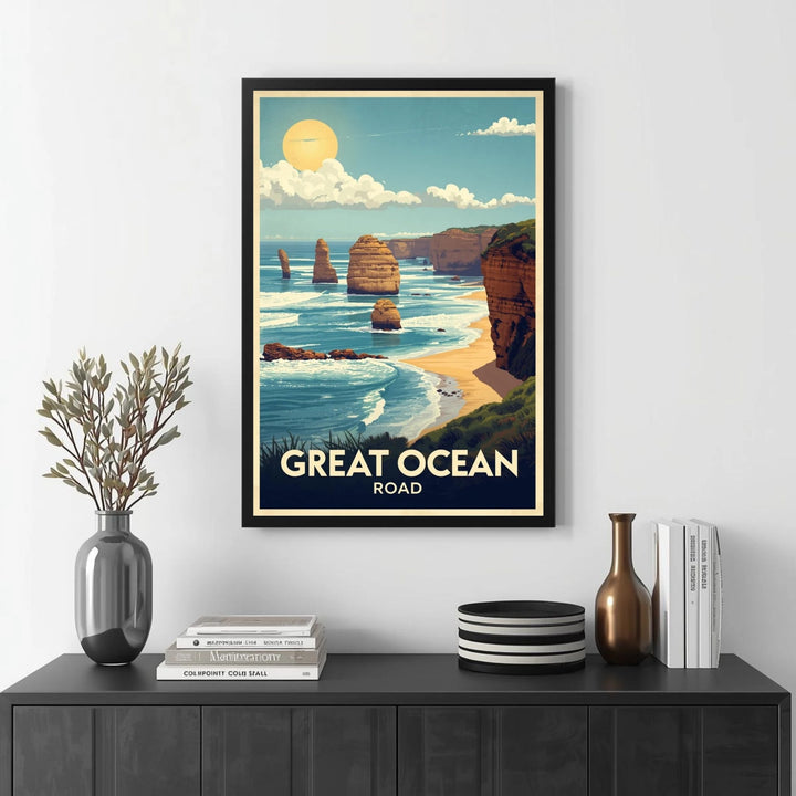 Framed artwork of the Twelve Apostles on a wall above a black cabinet with decorative items.