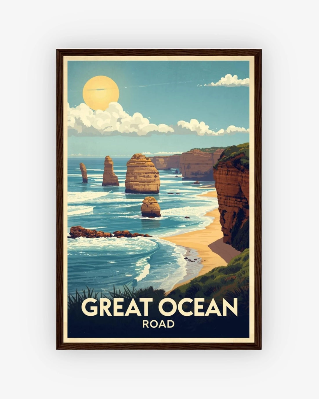 Great Ocean Road travel poster with dark wood frame