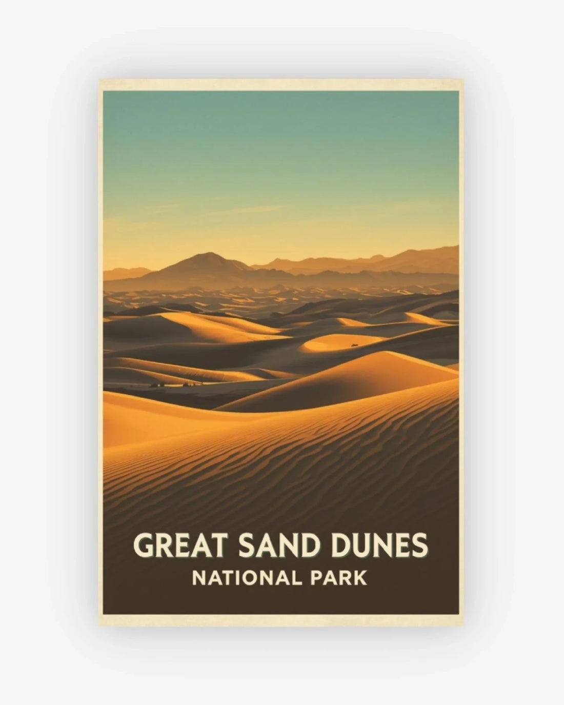 Poster of Great Sand Dunes National Park with desert landscape and mountains.
