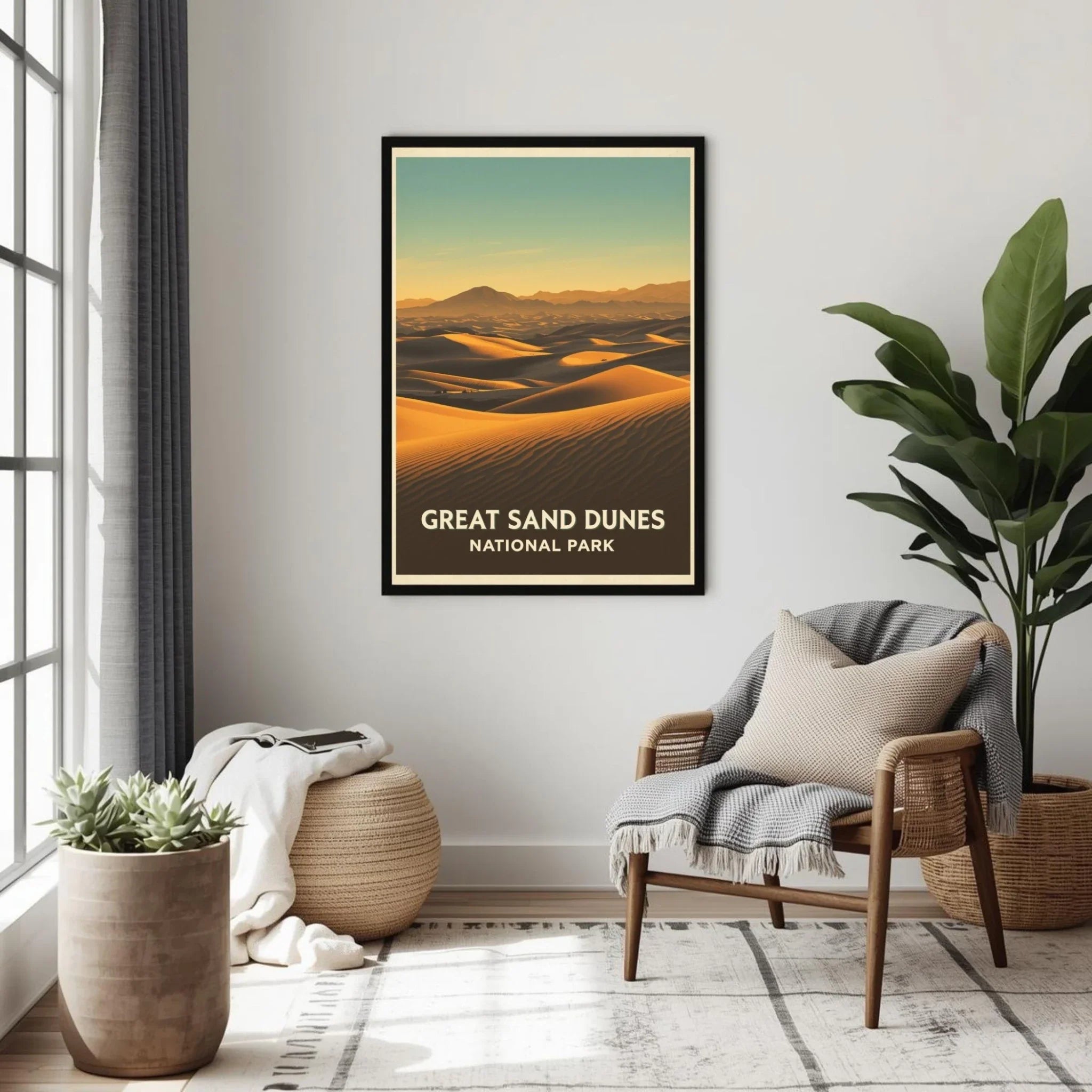 Living room with a framed poster of the Great Sand Dunes National Park, a chair, and plants.