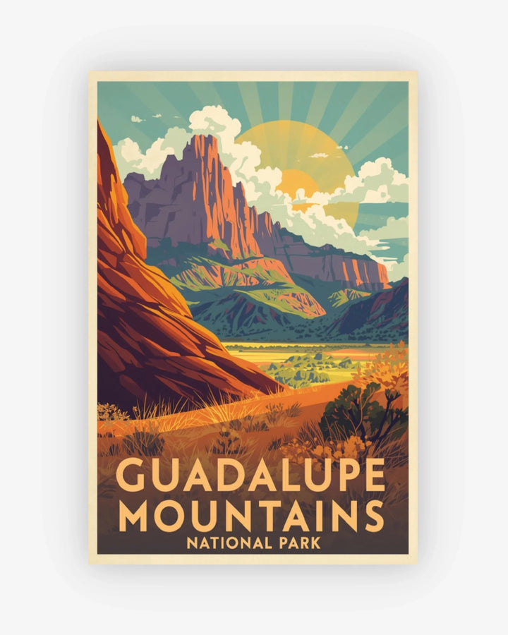 Poster of Guadalupe Mountains National Park with mountains and sky.