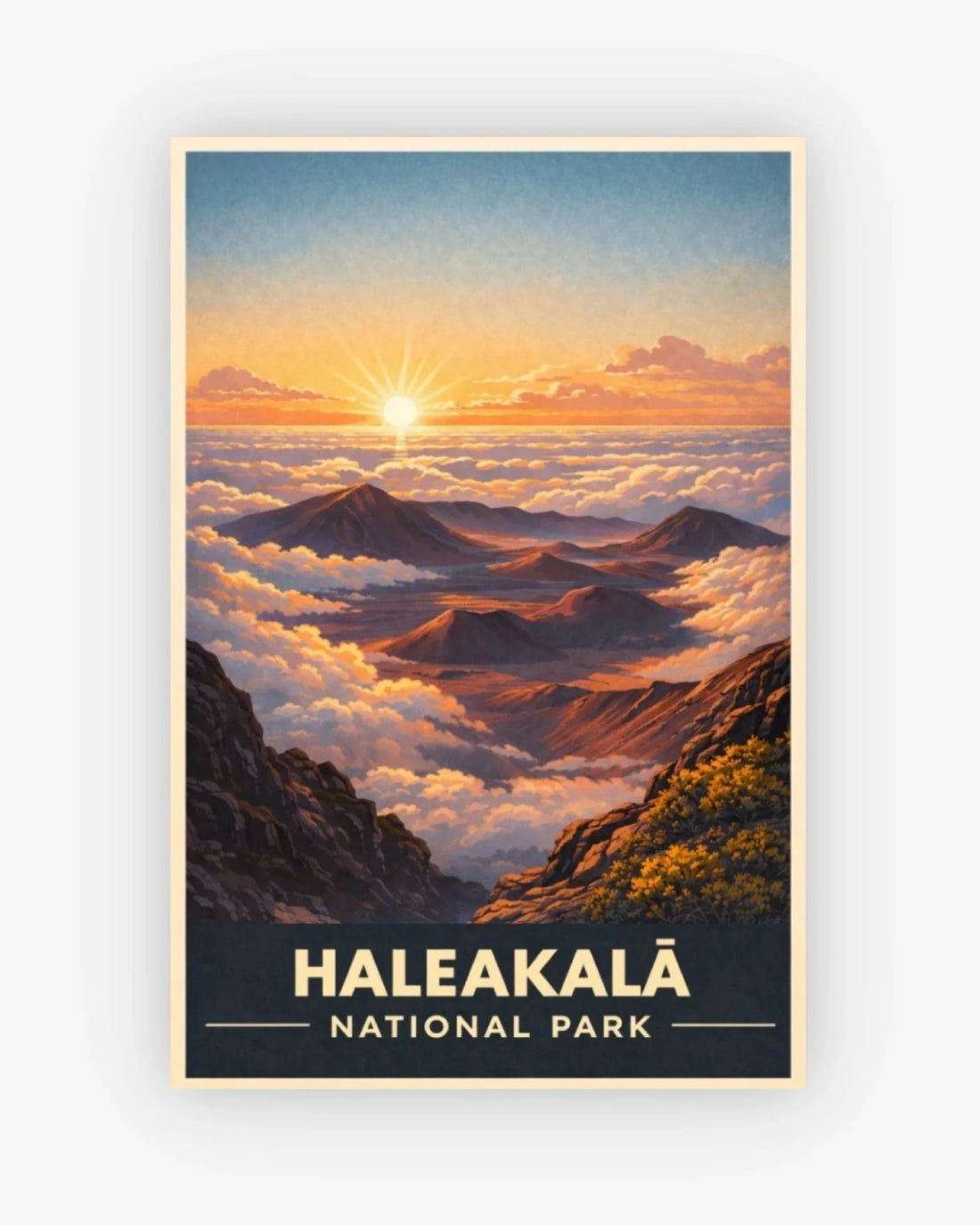 Poster of Haleakalá National Park with a mountain landscape and sunset.