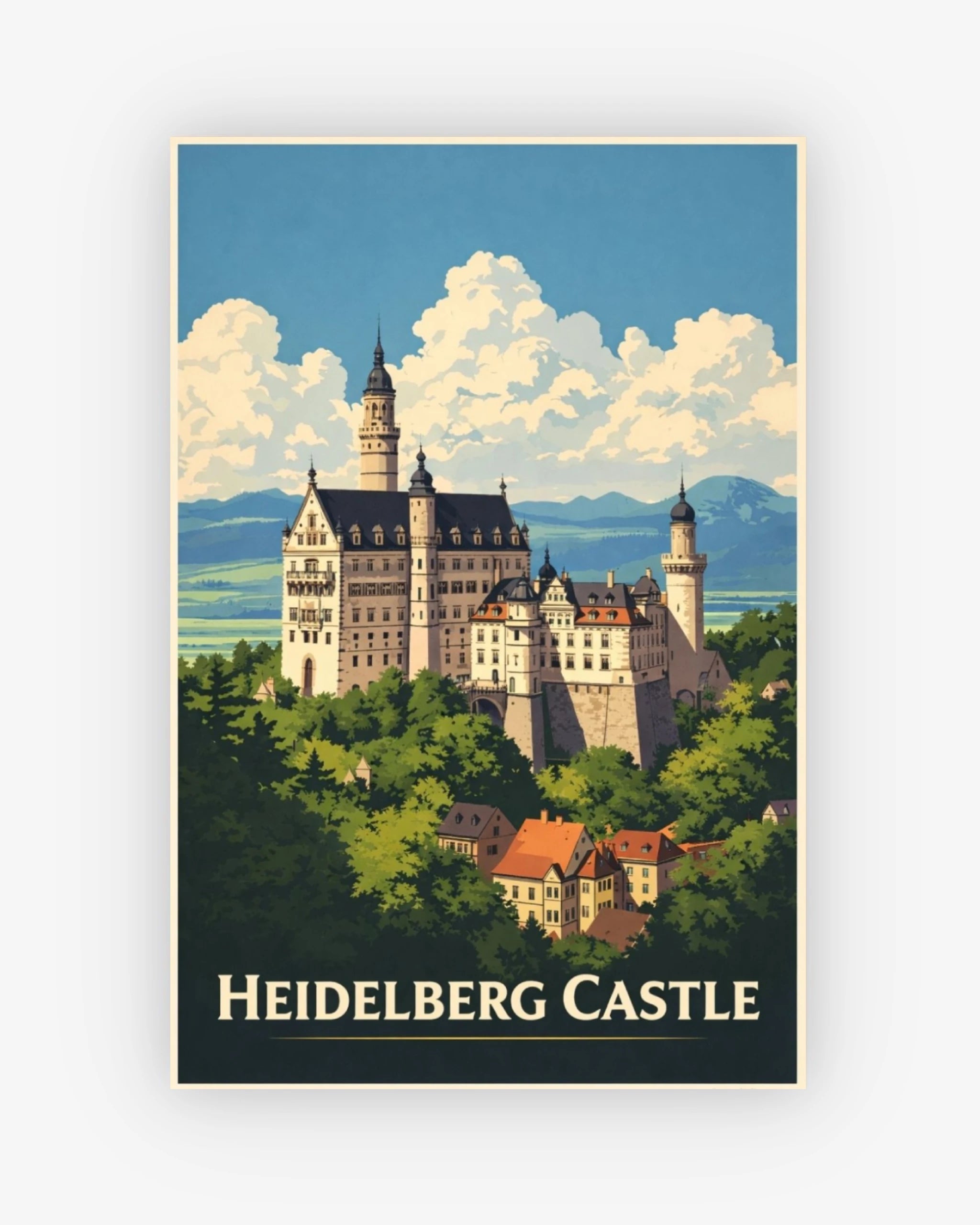 Vintage-style poster of Heidelberg Castle with a blue sky and green trees.