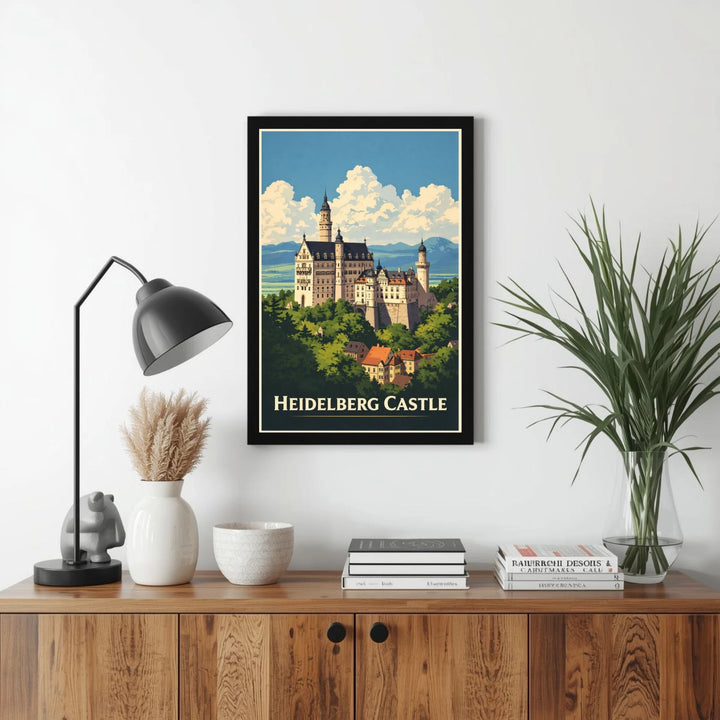Framed poster of Heidelberg Castle on a wall above a wooden cabinet with decorative items.