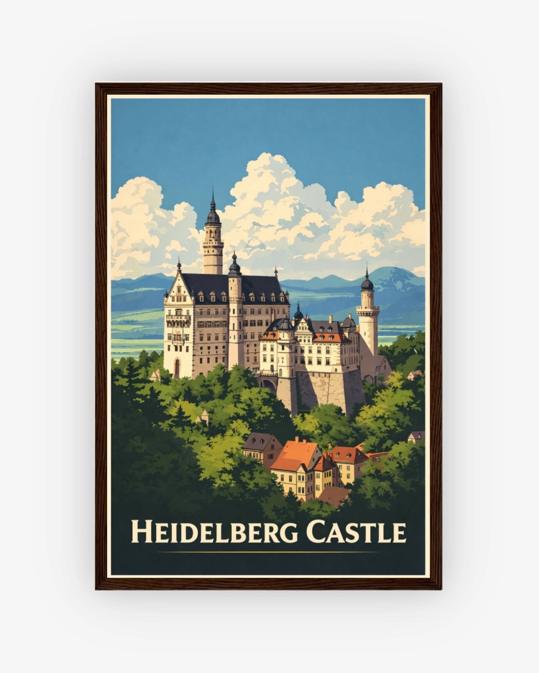 Heidelberg Castle travel poster with dark wood frame