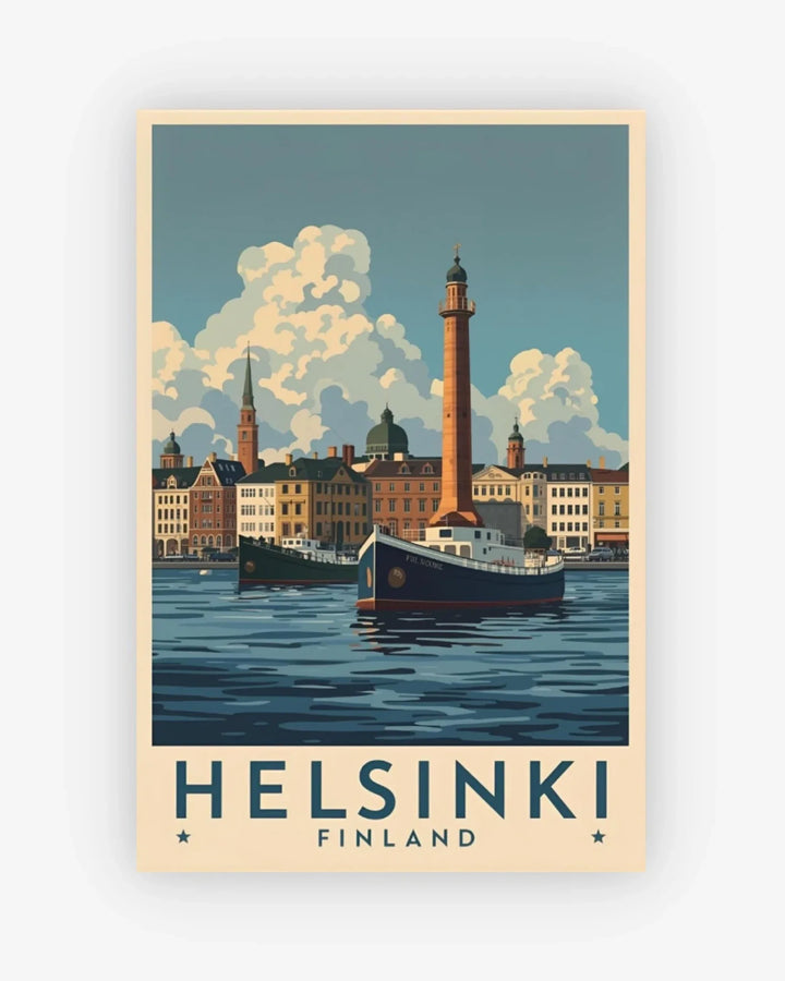 Vintage-style poster of Helsinki, Finland with a lighthouse and cityscape.