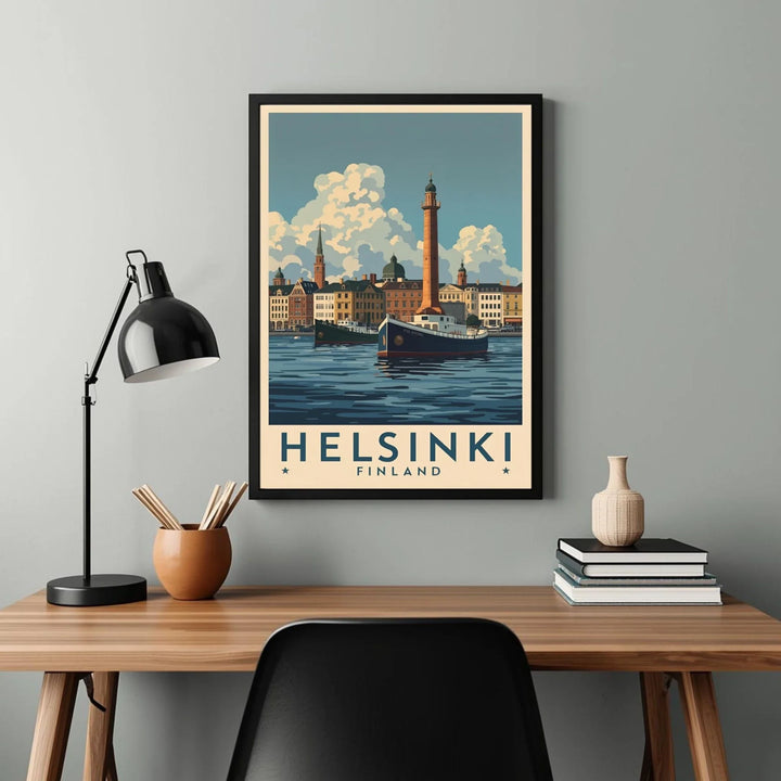 Framed poster of Helsinki, Finland on a wall above a desk with decor items.