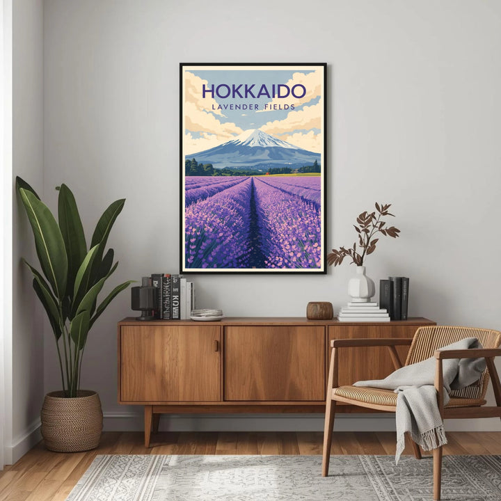 Poster of Hokkaido lavender fields in a living room setting with a wooden cabinet and chair.