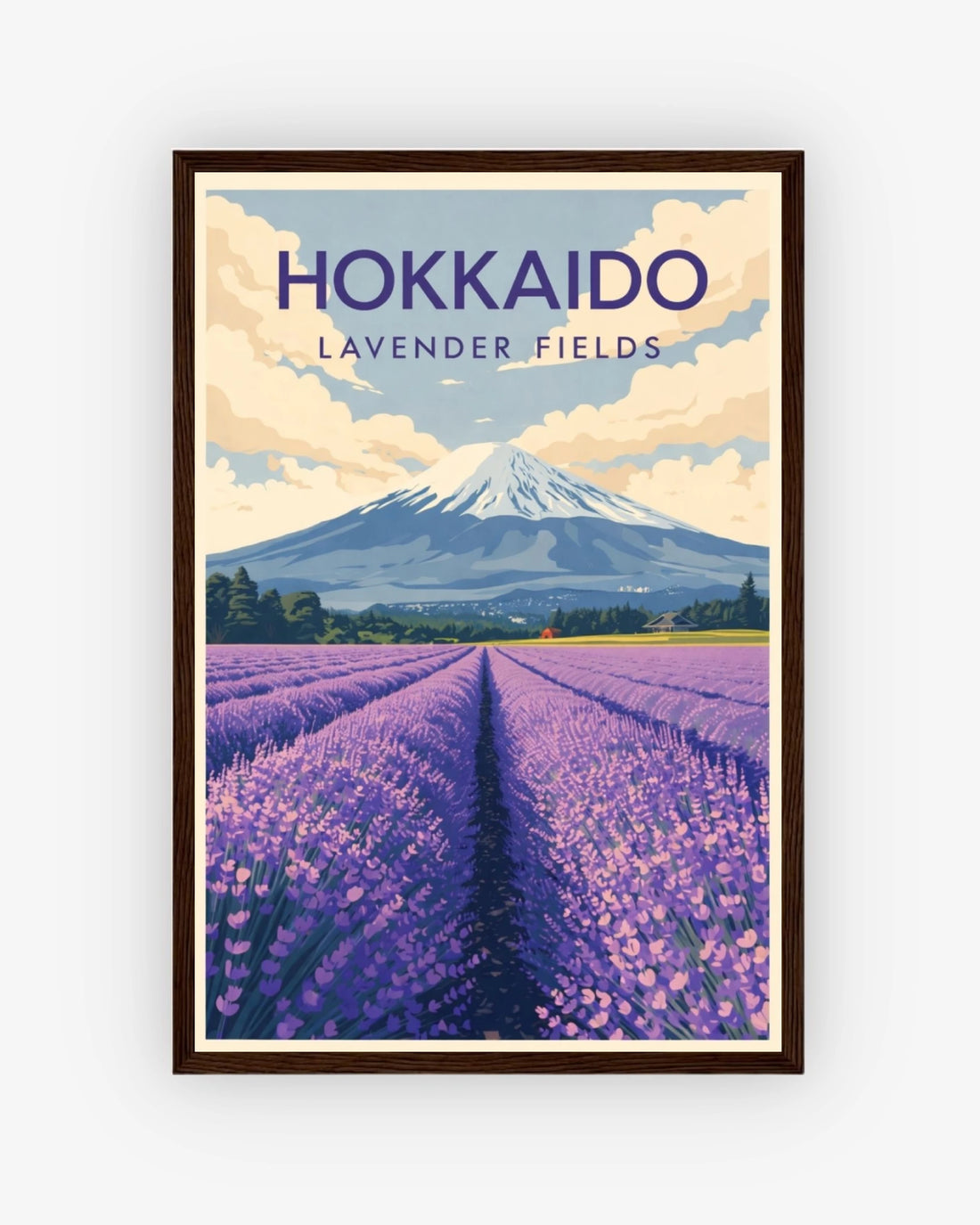 Hokkaido Lavender Fields travel poster with dark wood frame