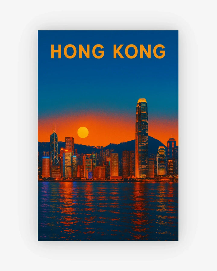Poster of Hong Kong skyline with sunset and 'HONG KONG' text