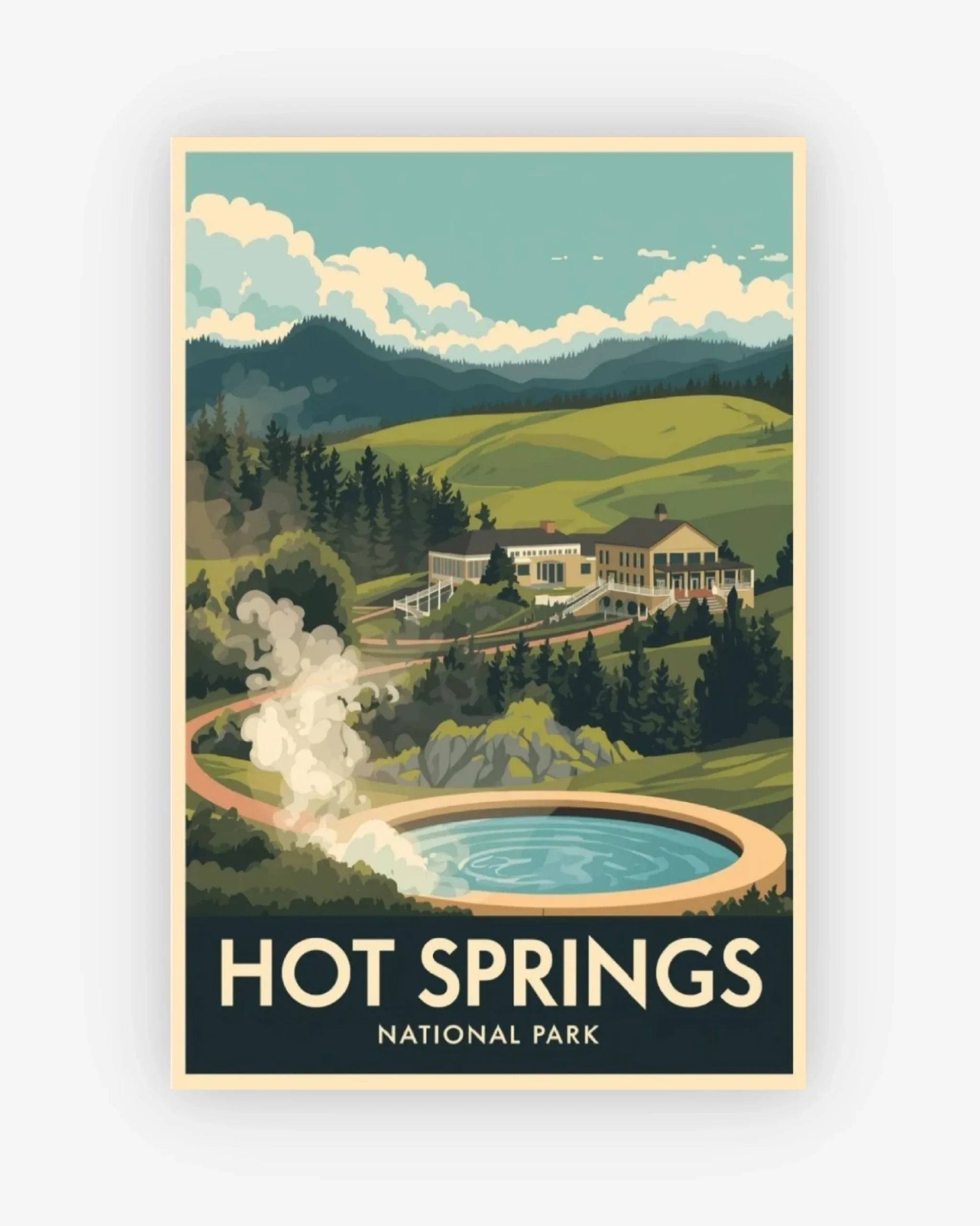 Vintage-style poster of Hot Springs National Park with a scenic view and pool.