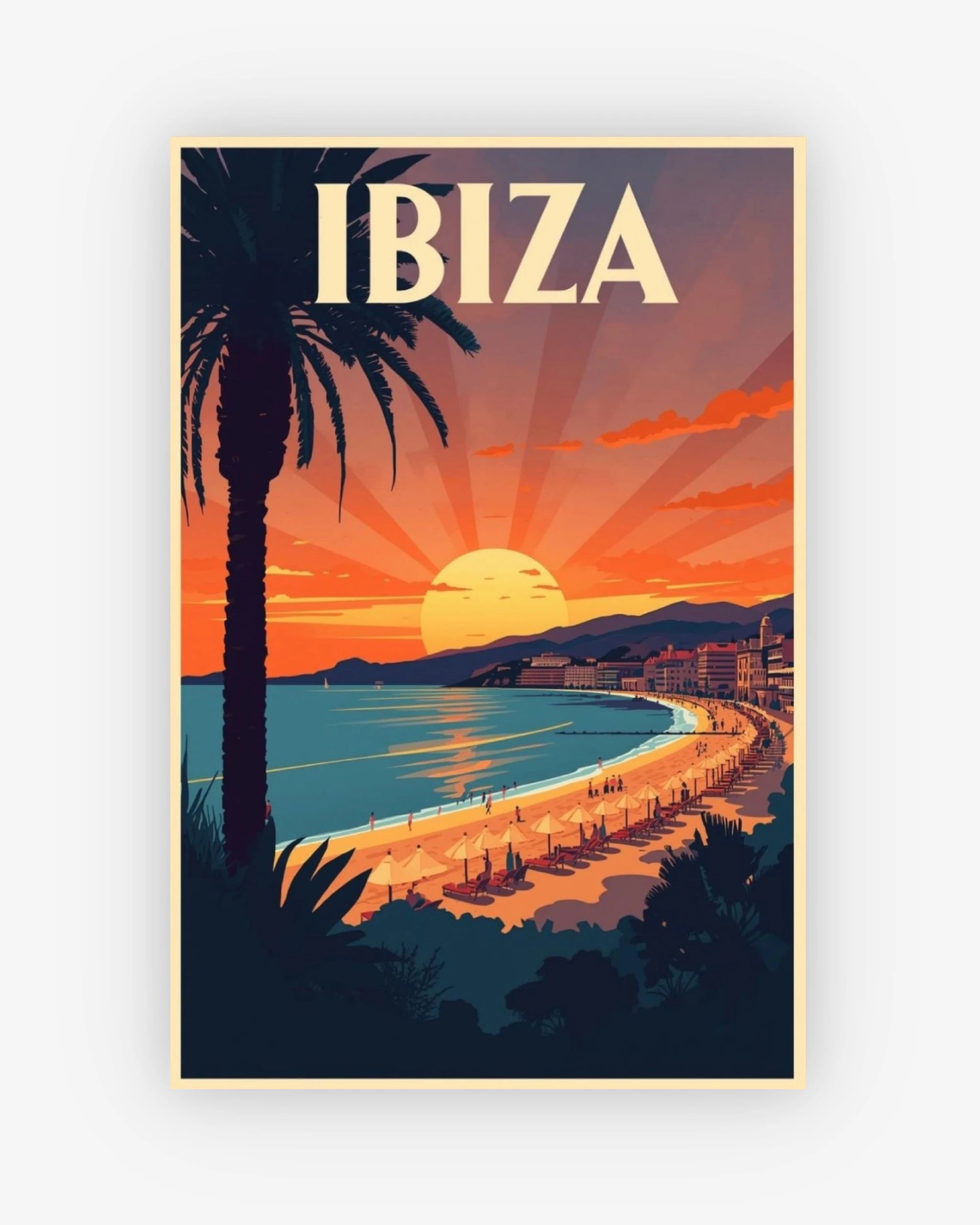 Vintage-style poster of Ibiza with a sunset over the beach and palm trees.