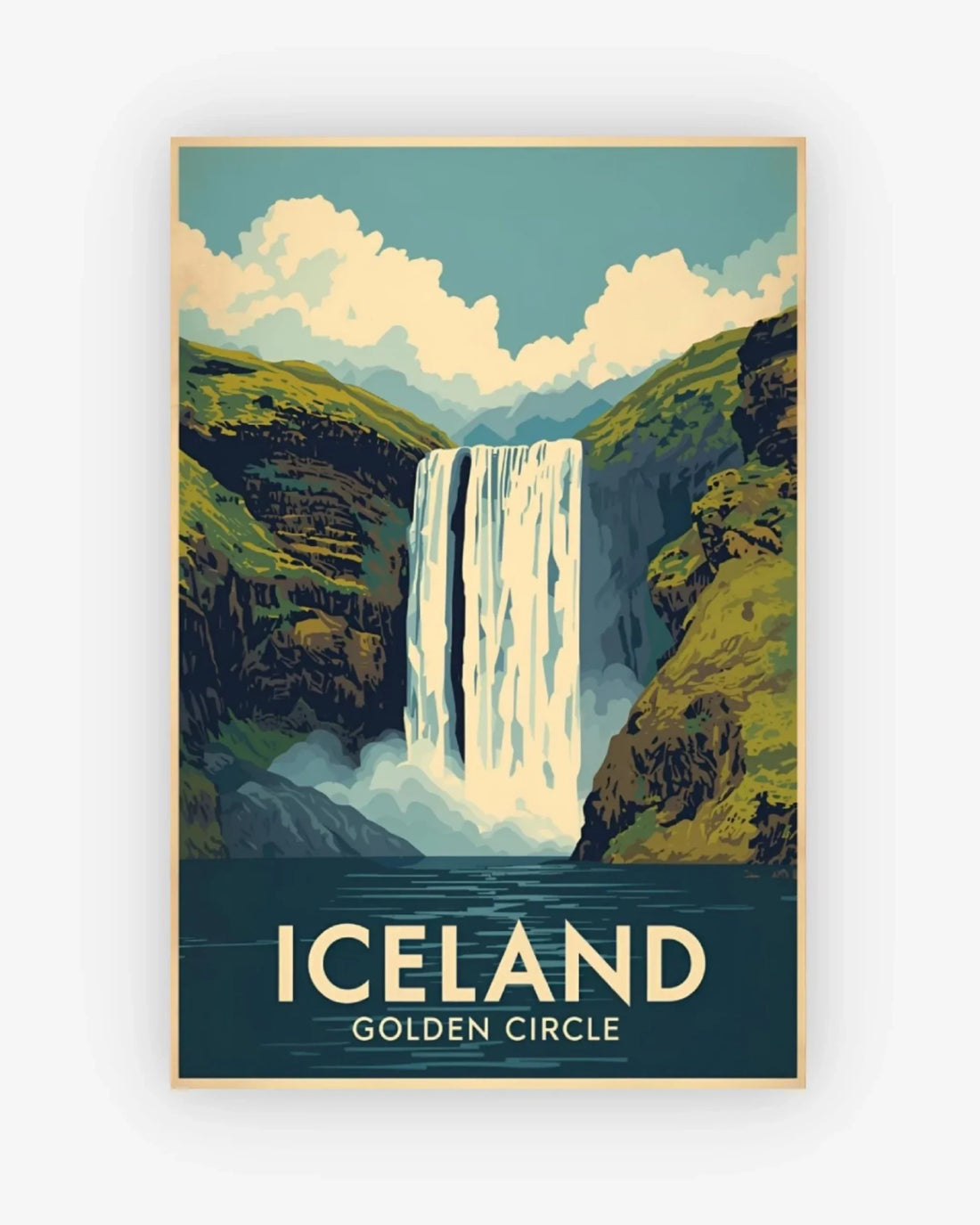 Poster of a waterfall in Iceland with 'Iceland Golden Circle' text on a blue background