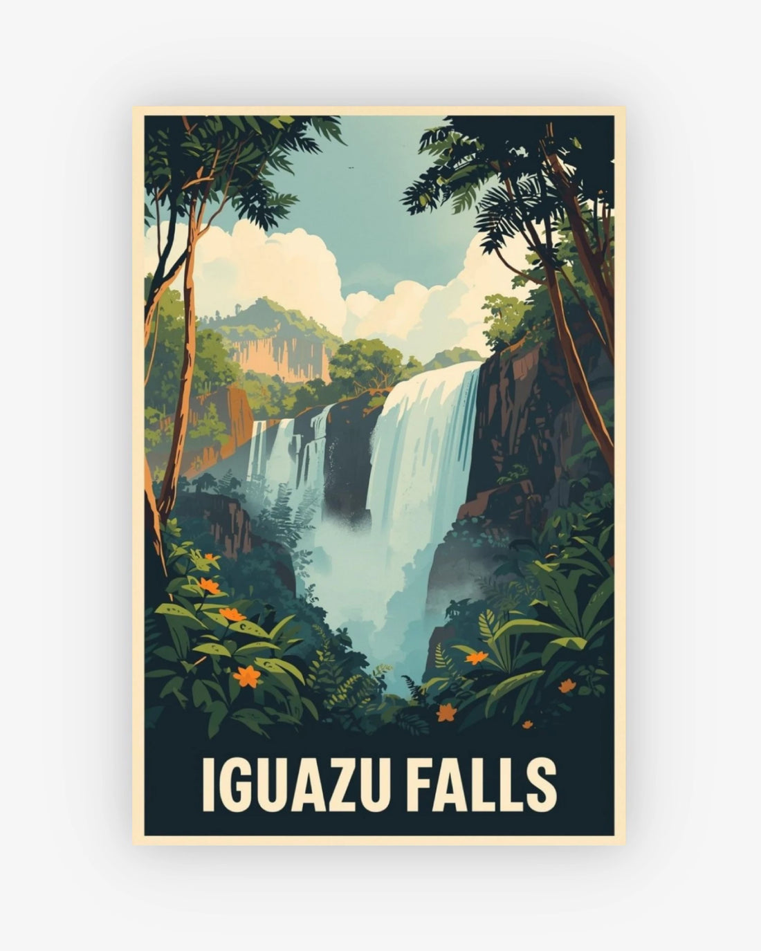 Poster of Iguazu Falls with lush greenery and a waterfall.