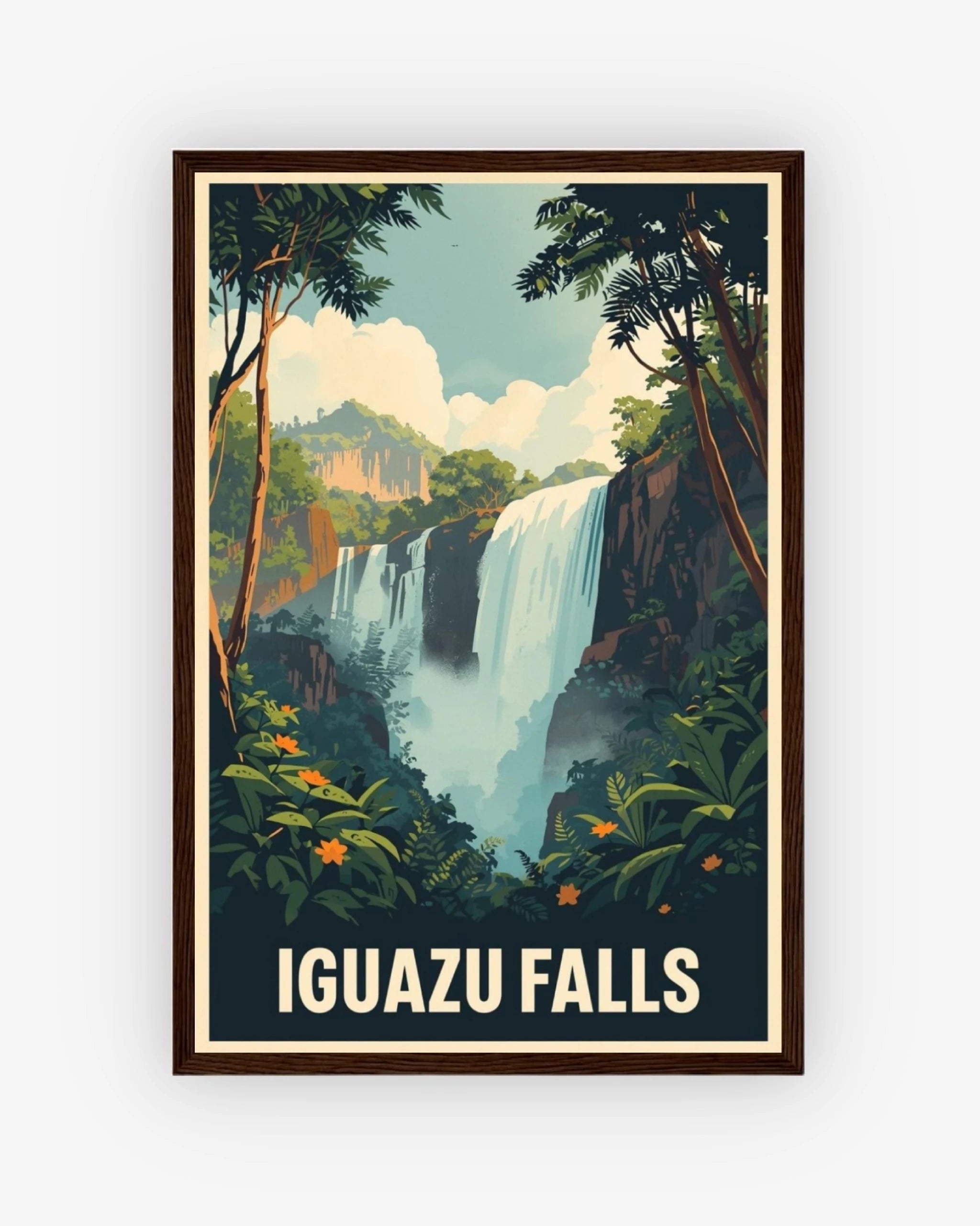 Iguazu Falls travel poster with dark wood frame