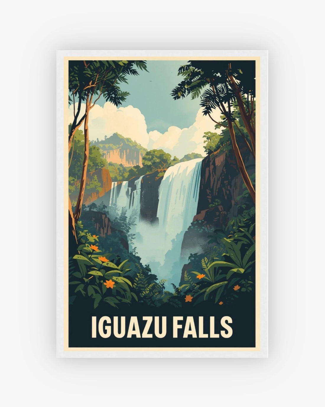 Iguazu Falls travel poster with white frame