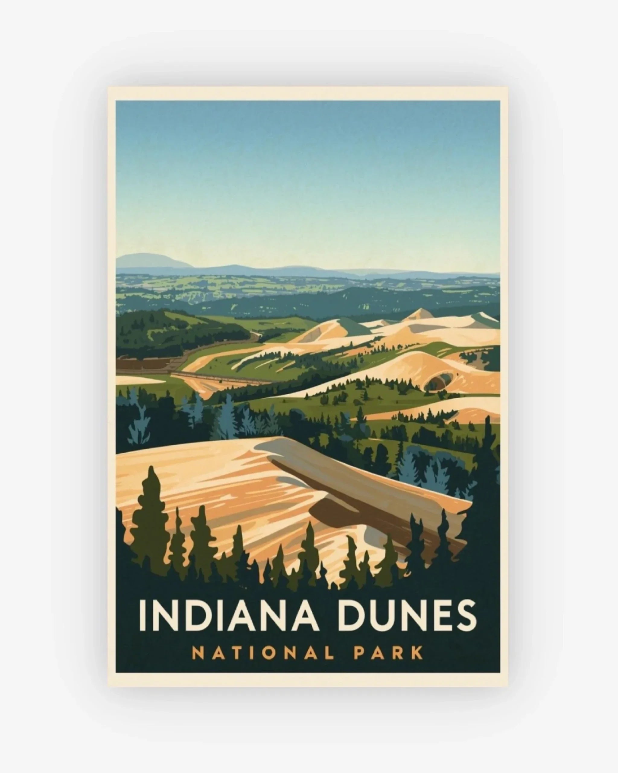 Poster of Indiana Dunes National Park with a scenic view and text.