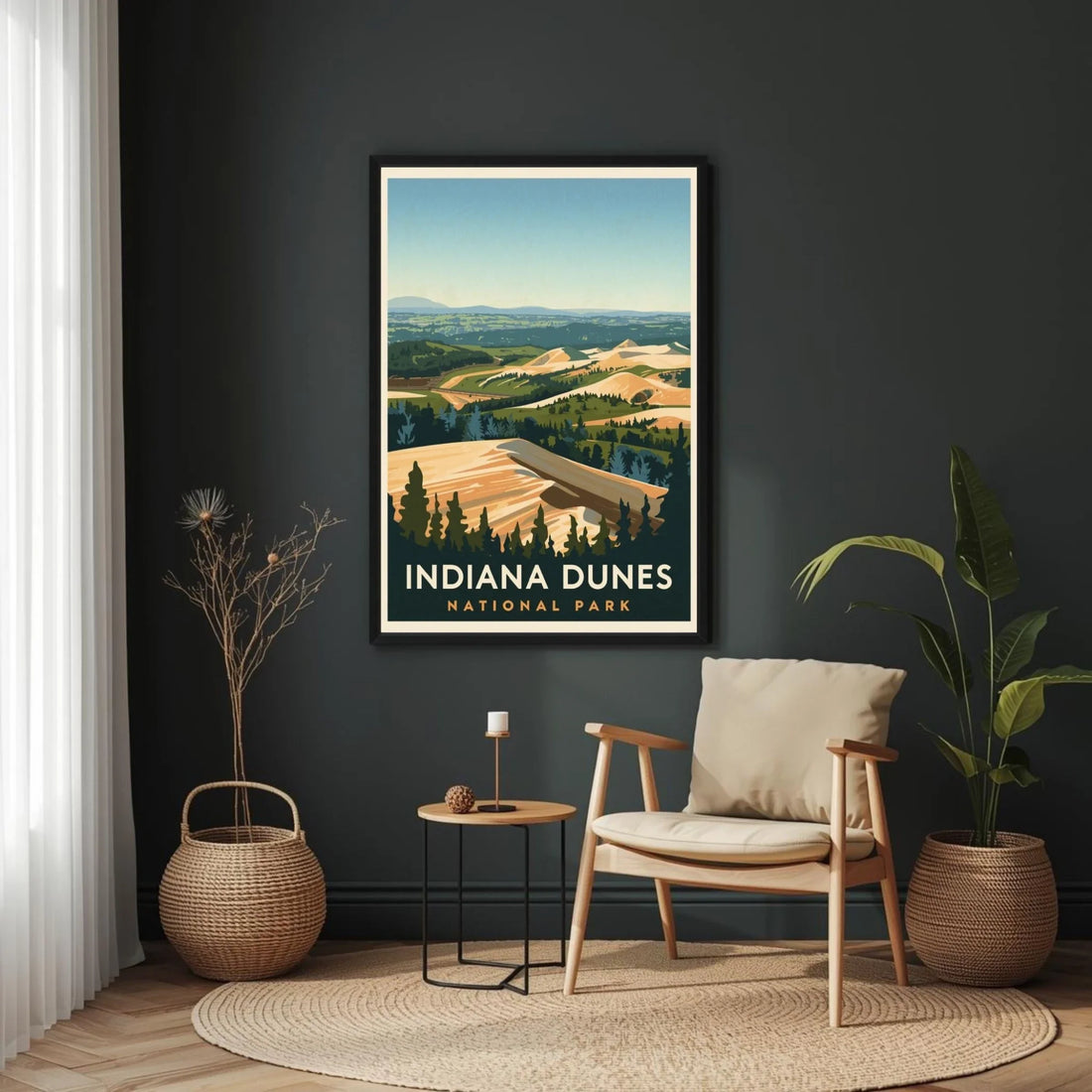 Framed poster of Indiana Dunes National Park in a room with a chair and plants.