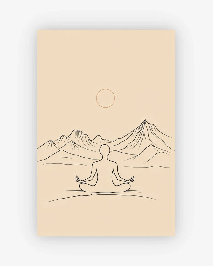 Beige poster with a minimalist line drawing of a person meditating in front of mountains and the moon.