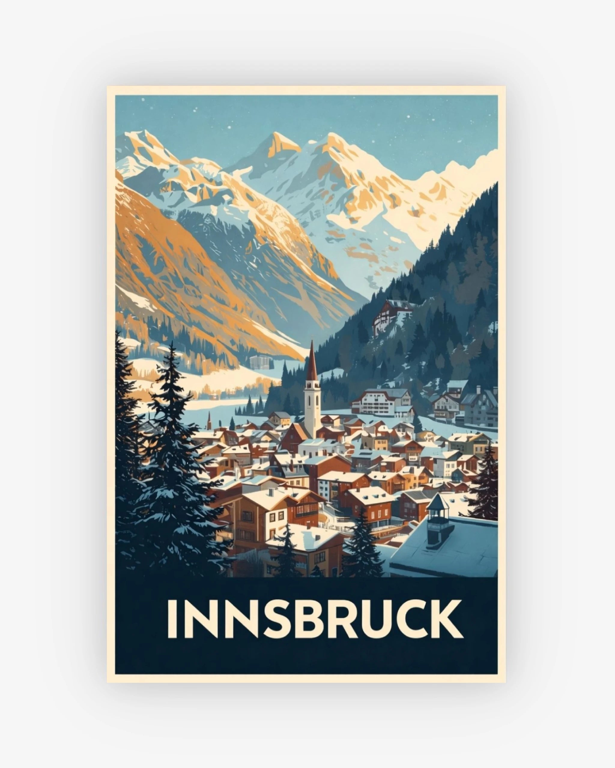 Vintage-style poster of Innsbruck with mountains and town