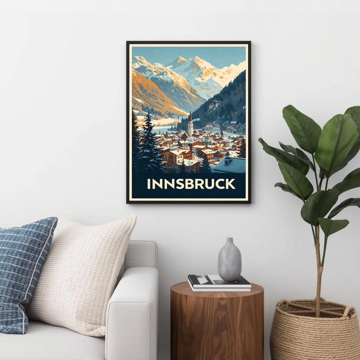Framed poster of Innsbruck with a mountain view in a living room setting.