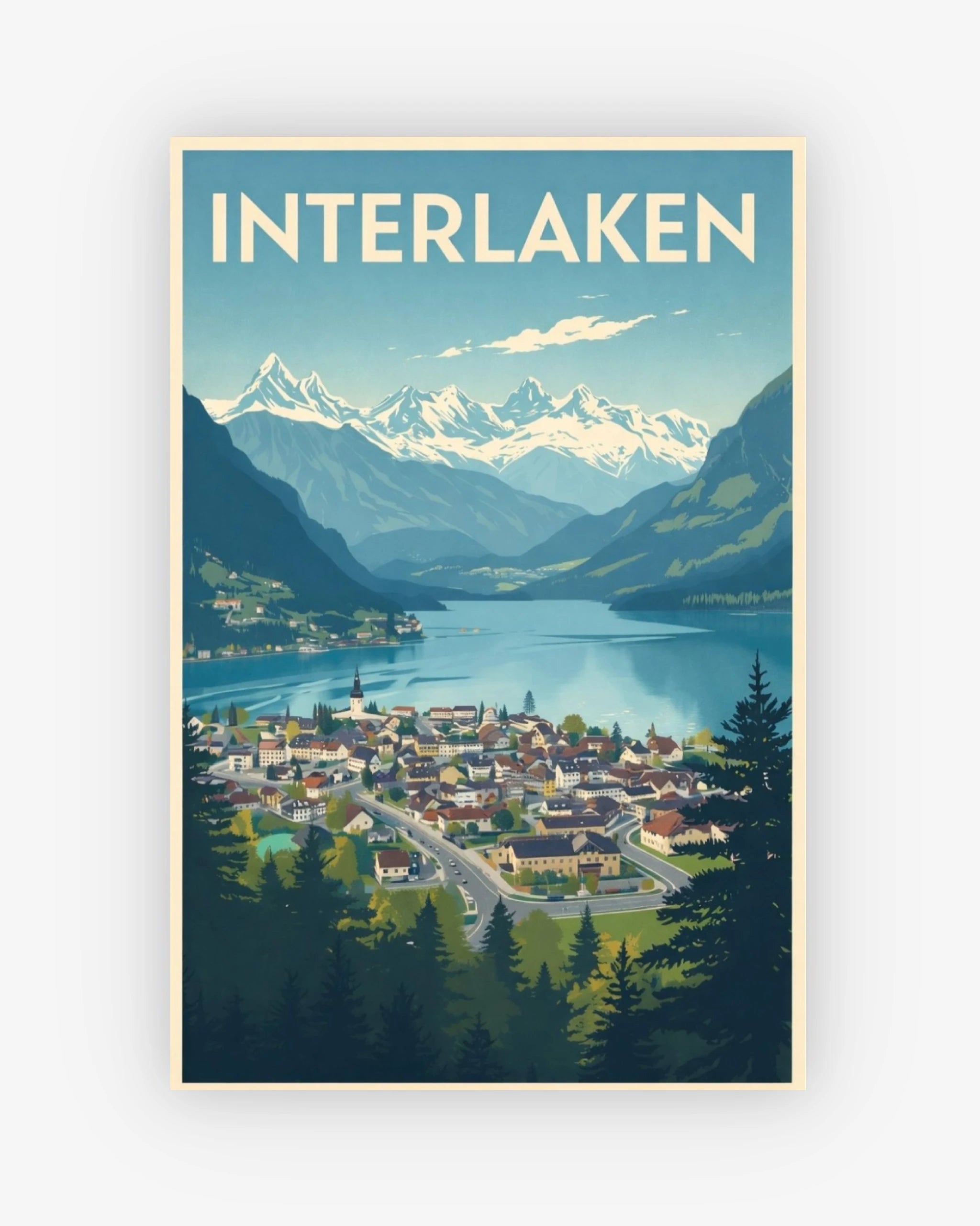 Vintage-style poster of Interlaken with mountains and lake. 