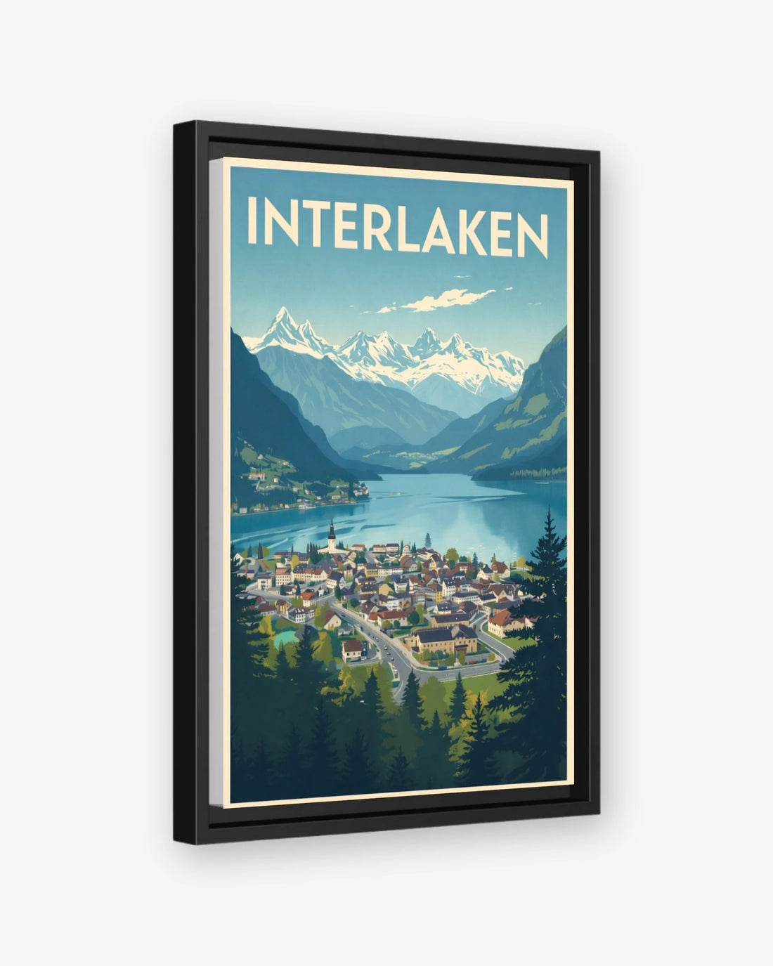 Interlaken travel poster black framed canvas