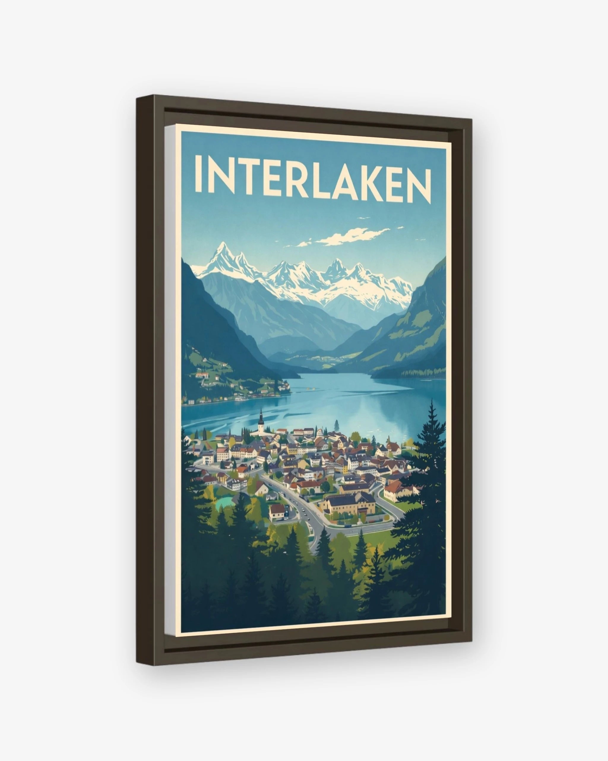 Interlaken travel poster espresso framed canvas
