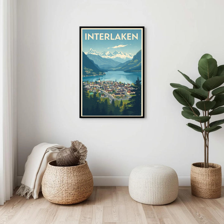 Framed poster of Interlaken with a scenic view on a wall in a room with decor elements.