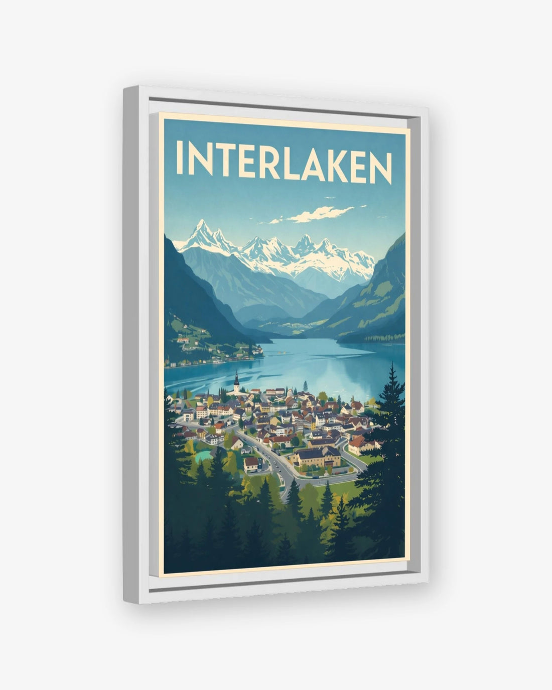 Interlaken travel poster white framed canvas