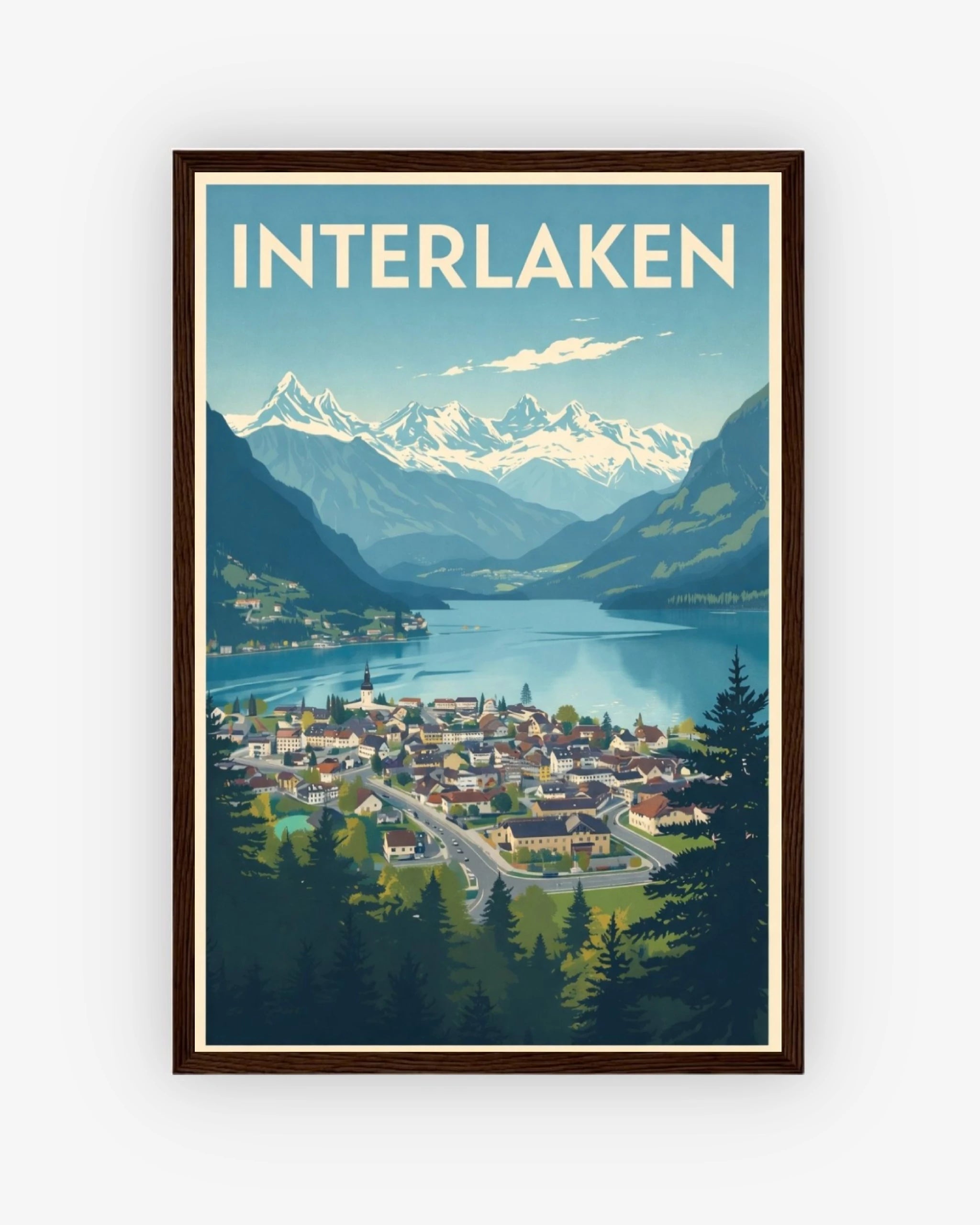 Interlaken travel poster with dark wood frame