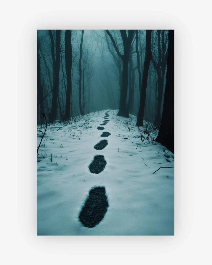 Footprints in snow leading into a foggy forest