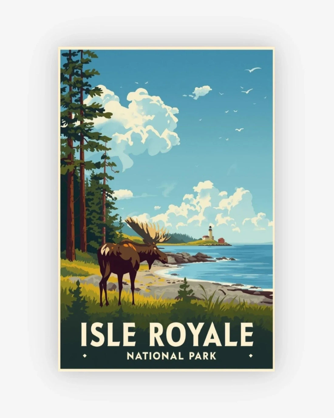 Poster of Isle Royale National Park with a moose and scenic landscape.