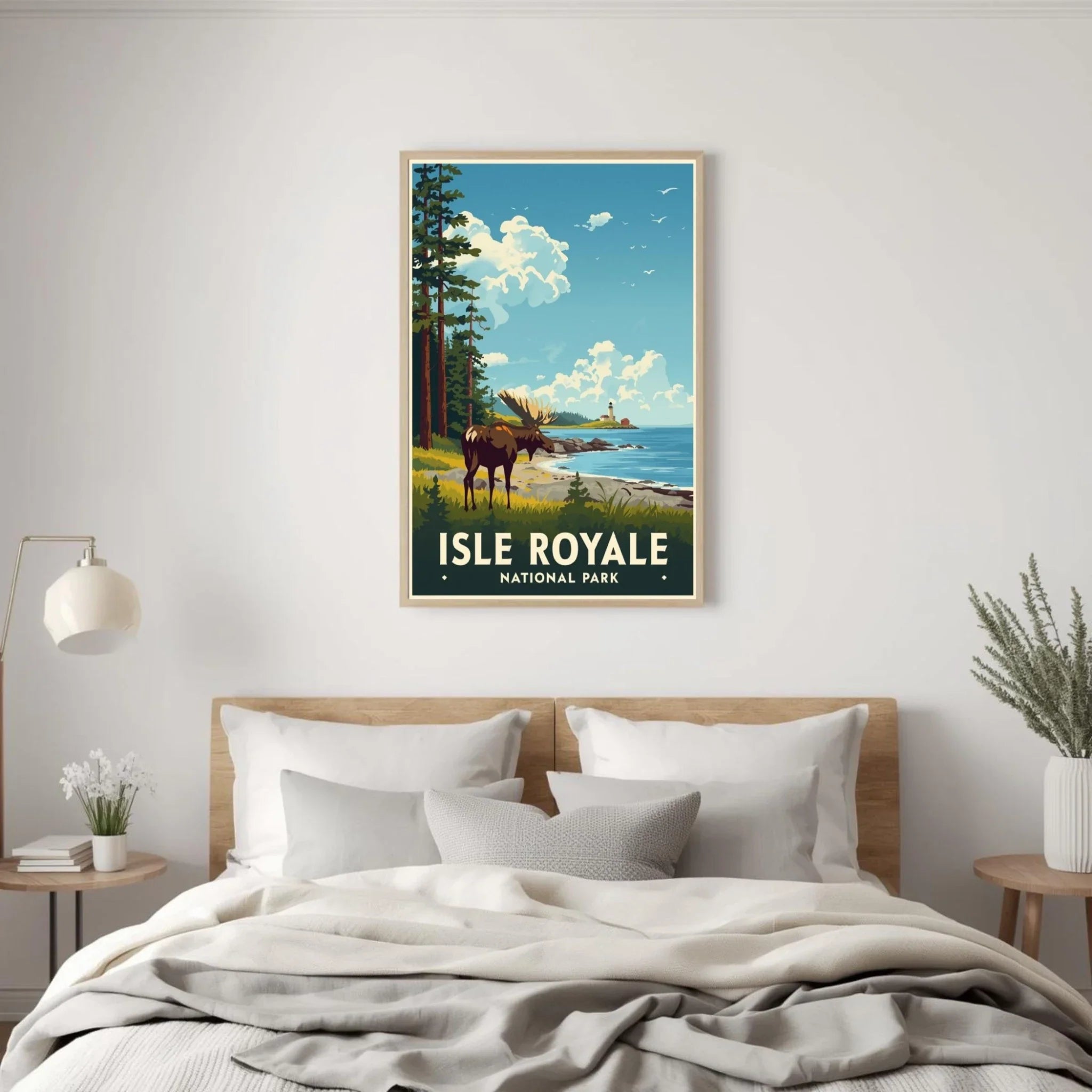 Poster of Isle Royale National Park above a bed in a bedroom