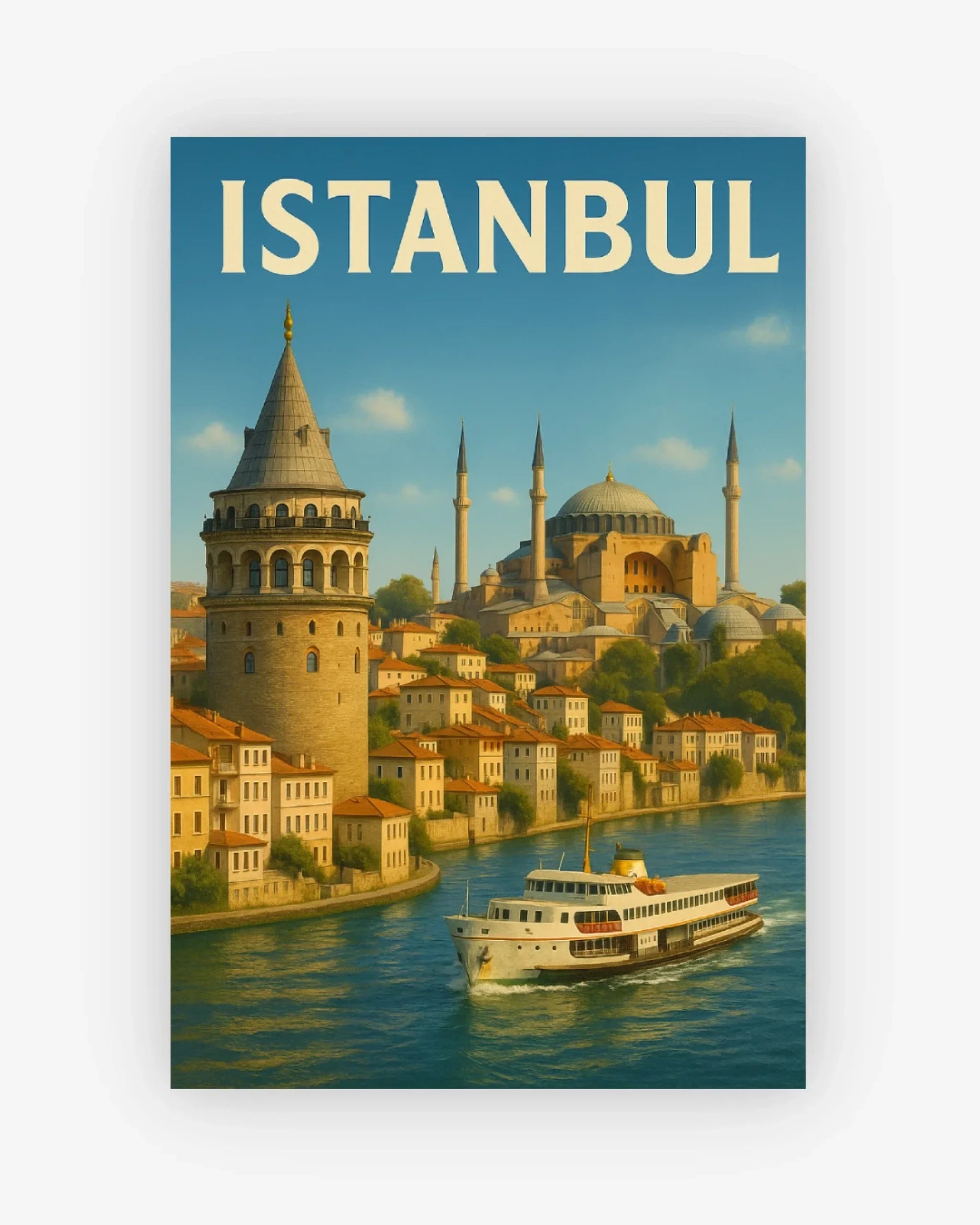 Vintage-style poster of Istanbul with Galata Tower and a ferry on the Bosphorus.