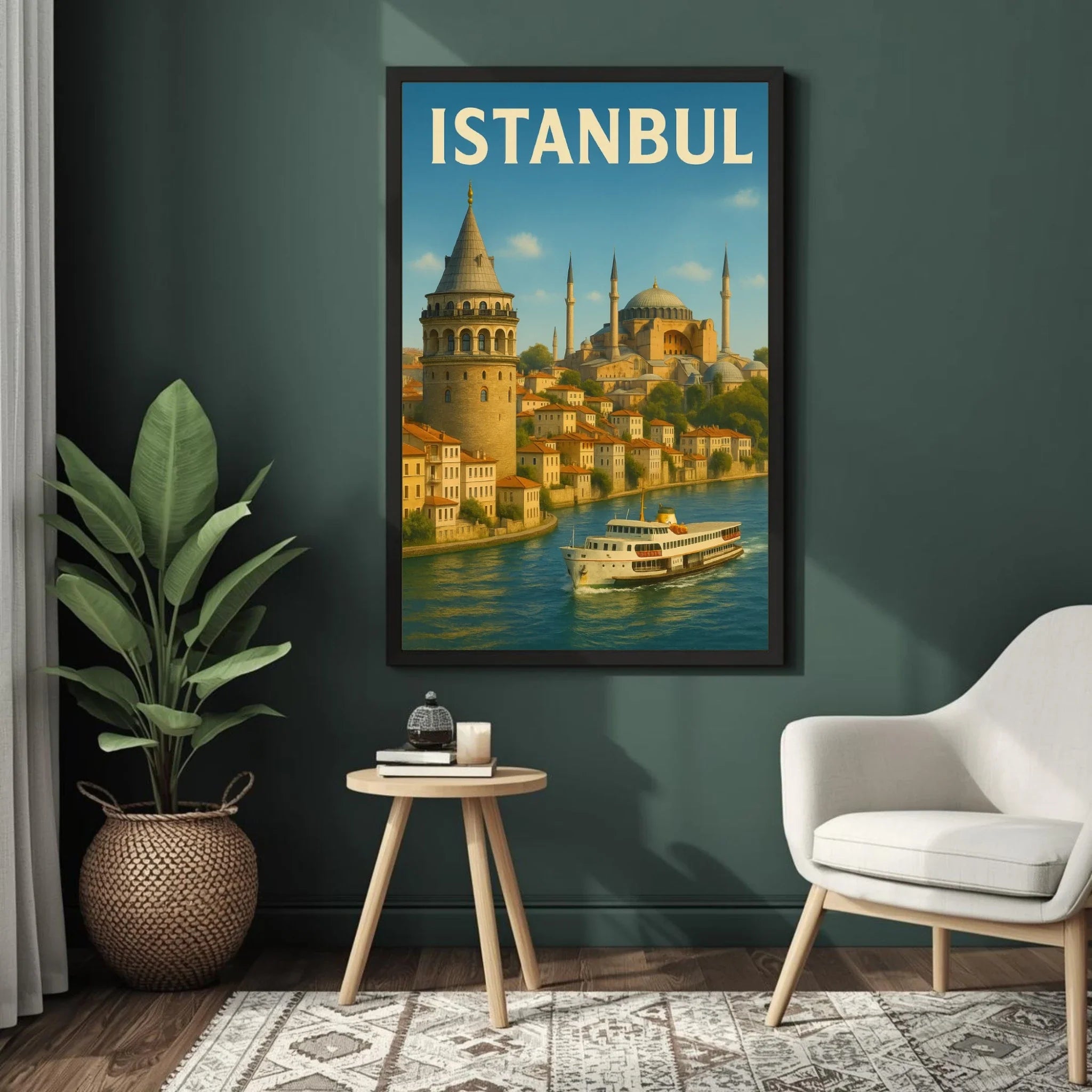 Framed poster of Istanbul with a cityscape and Galata Tower on a dark green wall.