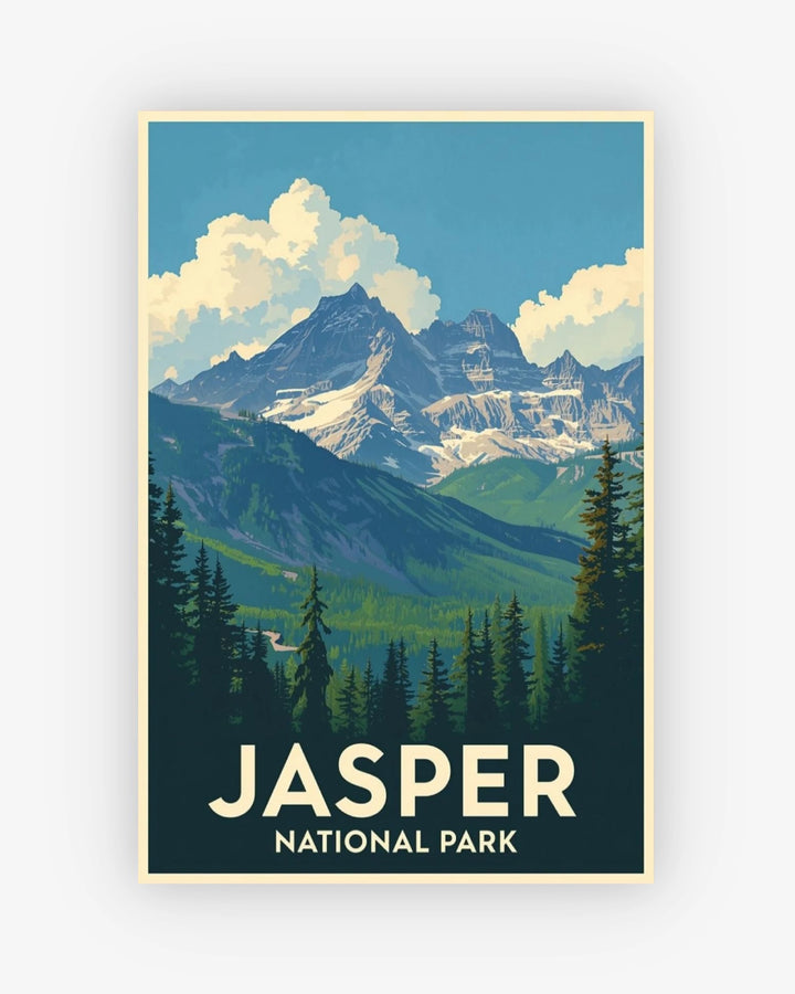 Poster of Jasper National Park with mountains and trees on a blue sky background.
