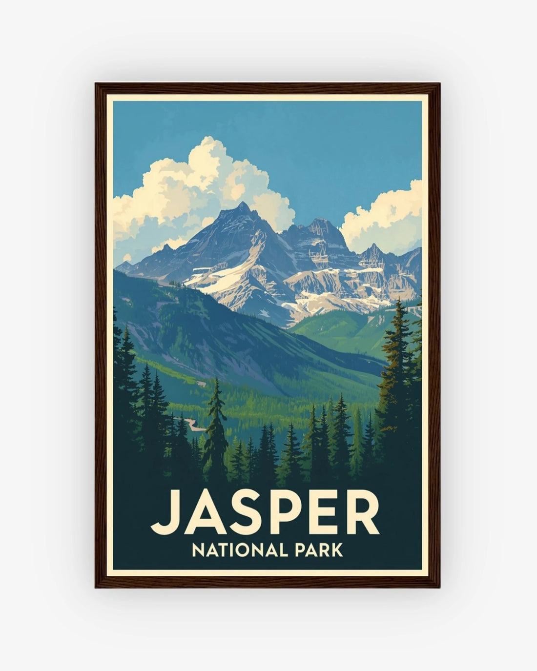 Jasper National Park travel poster with dark wood frame