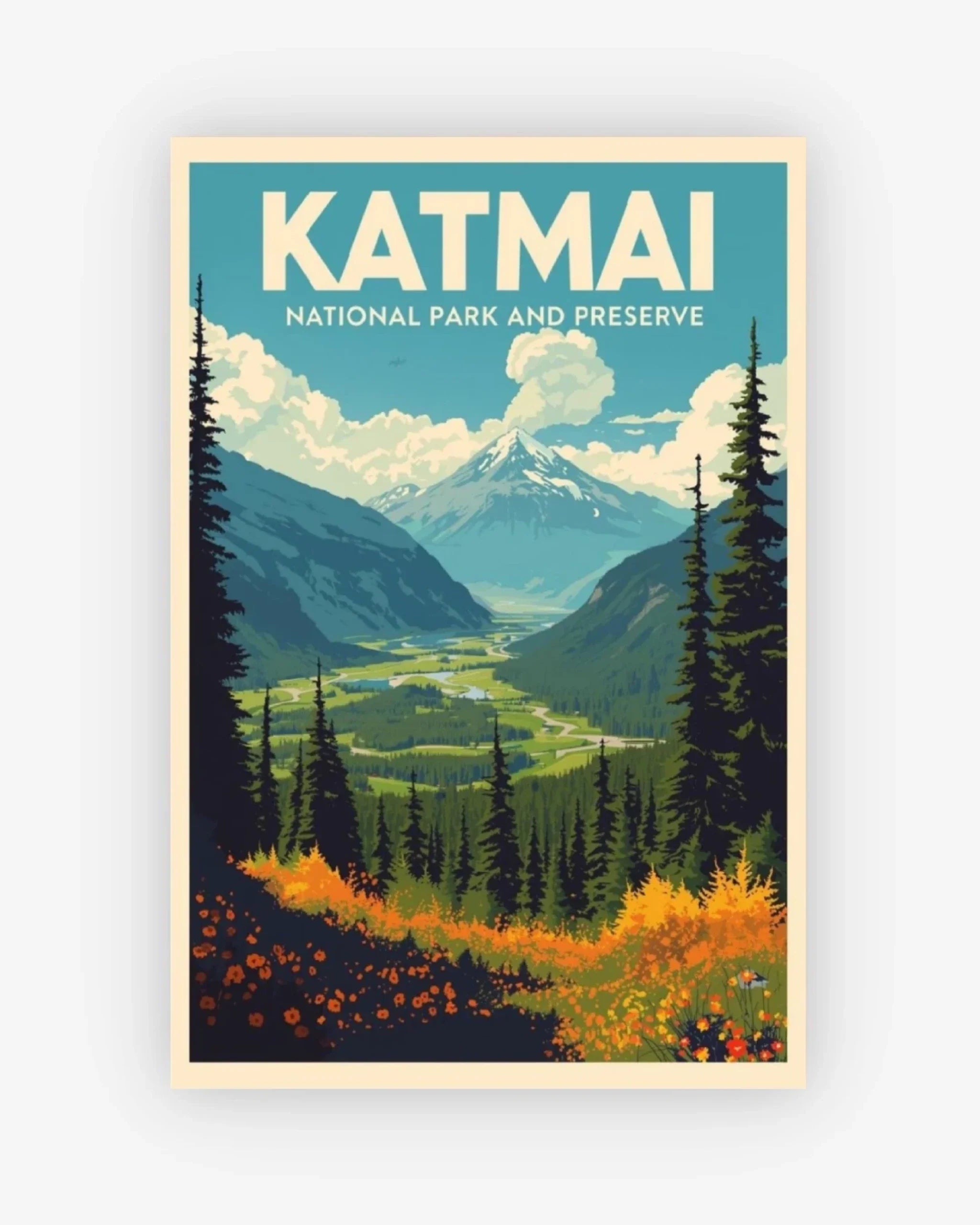 Poster of Katmai National Park and Preserve with mountains and forest.