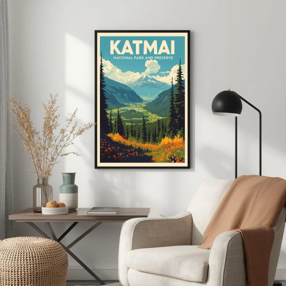 Framed poster of Katmai National Park and Preserve in a living room setting.