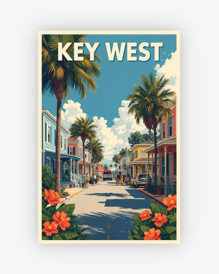 Vintage-style poster of a street scene in Key West with palm trees and flowers.