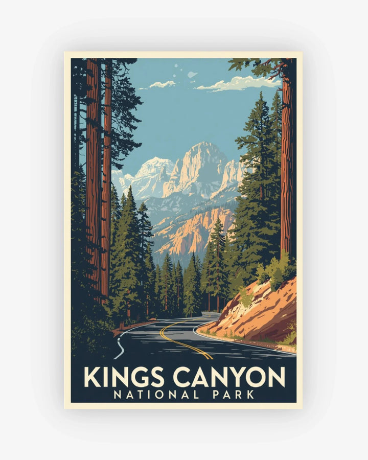 Poster of Kings Canyon National Park with a scenic view of trees and mountains.
