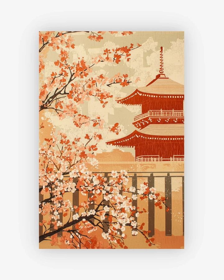 Art print of a Japanese temple with cherry blossoms on a beige background