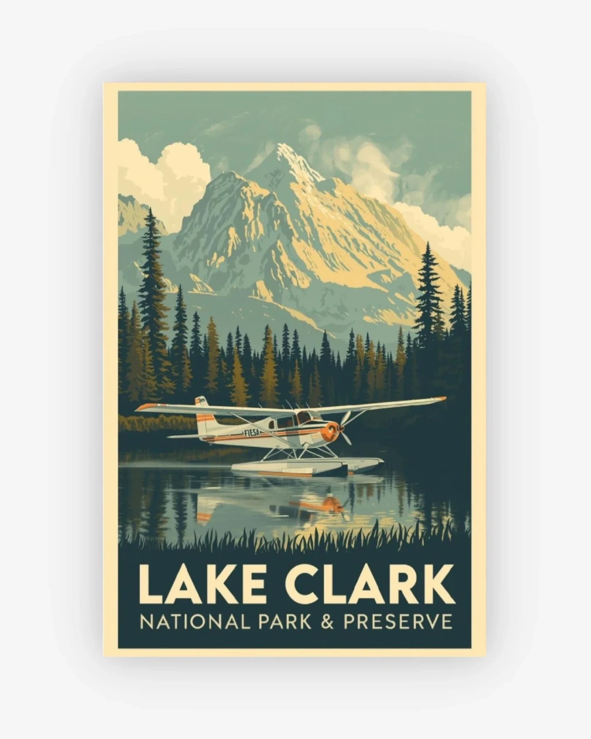Poster of Lake Clark National Park with a seaplane over water and mountains.